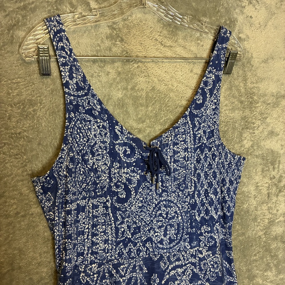 Chaps Womens Sleeveless Maxi Dress L Mosaic Patchwork Mediterranean Casual Blue